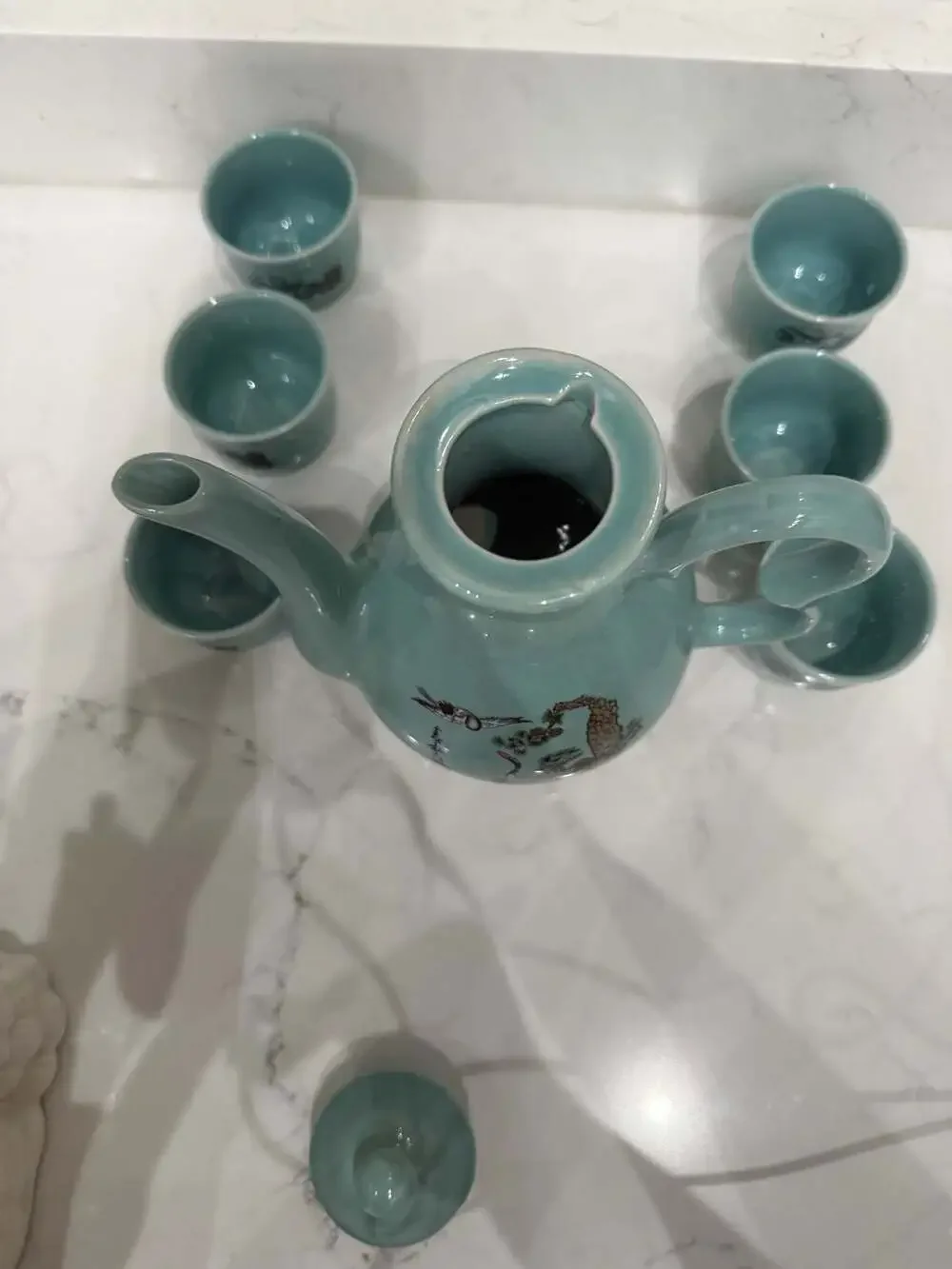 Vintage Asian Celadon Green Ceramic Teapot and 6 Cups Set with Red-Crowned Crane